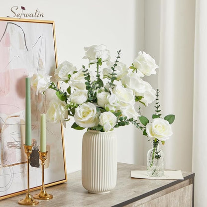 Serwalin 20PCS Artificial White Roses, 4'' Big Flower Head, Ivory Silk Roses, Velvet Fake Roses Bouquet Long Stem Roses for Home Decor Wedding and Table Centerpiece