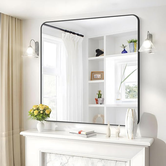 39" x 39"Bathroom Mirror, Matte Black Wall Mirror with Metal Frame, Decorative Rectangular Vanity Mirror for Bedroom Bathroom Living Room Entryway (Horizontal/Vertical)