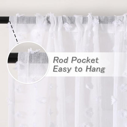 MYSKY HOME Pom Pom White Sheer Curtains for Bedroom Girls Room Curtains 63 inch Length for Nursery Kids Light Filtering Boho Window Drapes, Rod Pocket, 38" Wide, 2 Panels