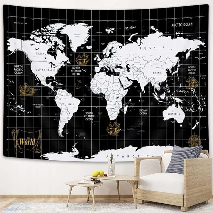 World Map Tapestry Wall Hanging, World Geographical Asia Europe South City Topography America Africa Japan Wall Decor Tapestries Map of Wall Art for Bedroom Living Room Home Office