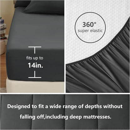 CozyLux King Size Comforter Set Dark Grey, 7 Pieces Bed in a Bag, Dark Grey Comforter King Size, All Season Bedding Sets with Stitch Quilted Comforter, Flat Sheet, Fitted Sheet, Pillowcases