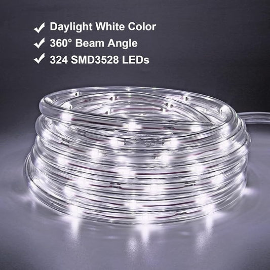 48ft White LED Rope Lights Outdoor Waterproof - 324 LEDs Christmas Rope Lights, 120V ETL Certified, Connectable to 192ft, w/24 Mounting Clips & Screws - Wedding & Home Decor