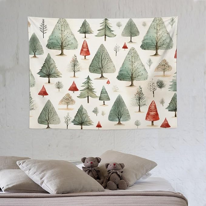 Tapestry Vintage Christmas Tree Watercolor Tapestry for Bedroom Aesthetic Happy Winter Holiday Wall Tapestry Wall Tapestry for Dorm Living Room Landscape 30"x40" Christmas Family Party