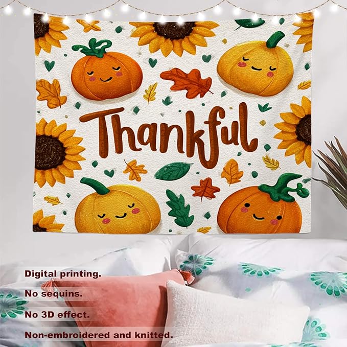 Batmerry Thankful Fall Pumpkins Tapestry, Happy Pumpkins Sunflowers Maple Leaves Wall Art Hanging Decoration Polyester Fiber White Ruffled Around for Dorm Room Bedroom Living Room, 51.2x59.1 inches