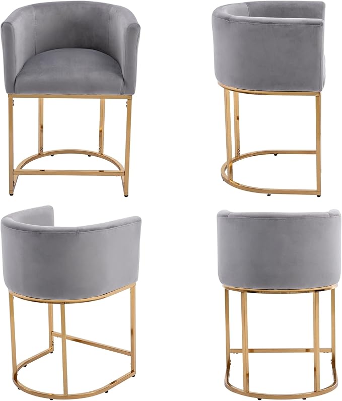 Modern Counter Height Velvet Upholstered Bar Stools Set of 4, 24" Kitchen Counter Island Stools Bar Chairs with Gold Metal Frame for Kitchen Island, Gray