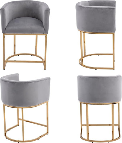 Modern Counter Height Velvet Upholstered Bar Stools Set of 4, 24" Kitchen Counter Island Stools Bar Chairs with Gold Metal Frame for Kitchen Island, Gray