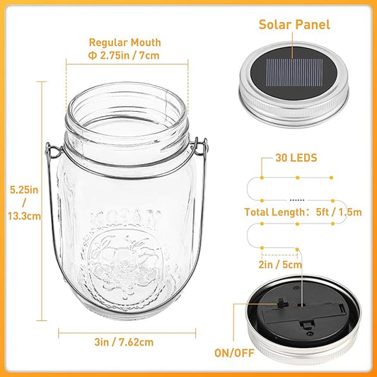 GIGALUMI Solar Mason Jar Lights, 8 Pack 30 Led String Fairy Lights Garden Lights Outdoor Waterproof Metal Lid Hanging Solar Lanterns for Outdoor, Garden, Patio, Lawn, Balcony Decoration