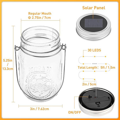 GIGALUMI Solar Mason Jar Lights, 12 Pack 30 Led String Fairy Lights Garden Lights Outdoor Waterproof Metal Lid Hanging Solar Lanterns for Outdoor, Garden, Patio, Lawn, Balcony Decoration