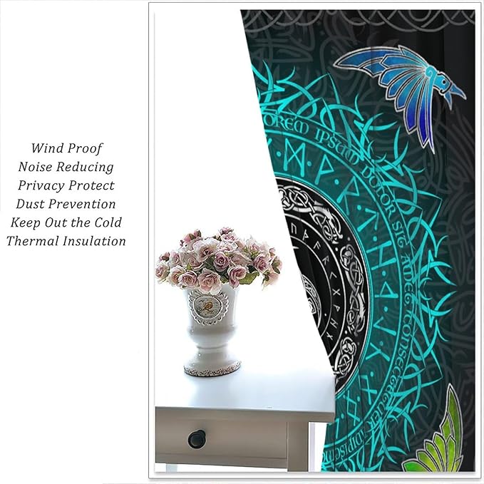 Viking Curtains Ancient Nordic Magic Rune Curtains Nordic Mythology Viking Bird Pattern Printed Curtains Bedroom Living Room Decoration Blackout Curtains W42 * L63 Inch