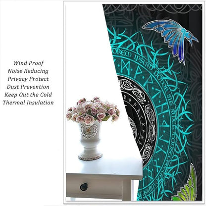 Viking Curtains Ancient Nordic Magic Rune Curtains Nordic Mythology Viking Bird Pattern Printed Curtains Bedroom Living Room Decoration Blackout Curtains W42 * L54 Inch