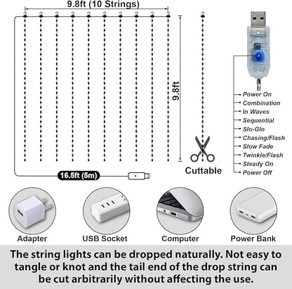 HXWEIYE 300LED Fairy Curtain Lights, 9.8x9.8Ft USB Plug-in 8 Modes Christmas String Hanging Lights with Remote for Bedroom Backdrop Wedding Party Indoor Wall Decor, Purple, Tangle-Free