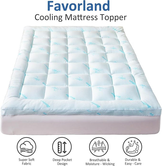 Favorland Mattress Topper Twin Size - Cooling Extra Thick Breathable Viscose Made from Bamboo Mattress pad - Soft Quilted Fitted Mattress Cover with 900 GSM Down Alternative Fill (8-21”Deep Pocket)