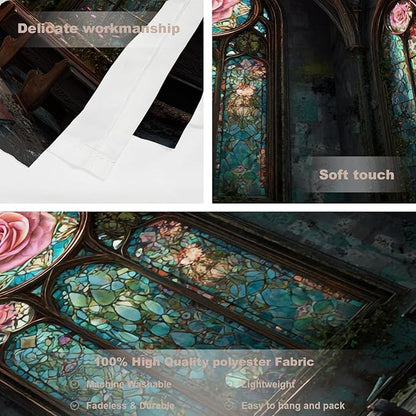 Batmerry Abandoned Chapel Tapestry, Stained Glass Roses Broken Pews Wall Art Hanging Decoration Polyester Fiber White Ruffled Around for Dorm Room Bedroom Living Room, 59.1x82.7 inches