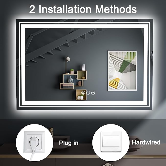 LED Bathroom Mirror, 48"X30" with Front and Backlit, Anti-Fog, Large Bathroom Vanity Mirror for Wall, Memory Function, Stepless Dimmable, Tempered Glass (Horizontal/Vertical)