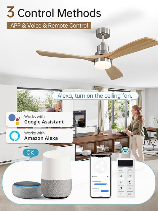 Sofucor 52 Inch Smart Ceiling Fans with Lights and Alexa/Google Assistant/APP/Remote Control-Modern Outdoor 3 Solid Wood Blades Ceiling Fan for Bedroom Living Room Patio, Sandy Nickel&Natural Wood