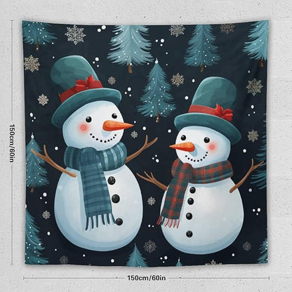 MaSiledy Wall Tapestries Snowman Couple Tapestry Winter Snowflake Cute Cartoon Funny Snowman Vintage Aesthetic Tapestry Wall Hanging Wall Decor for Bedroom Living Room Dorm 60"x60"