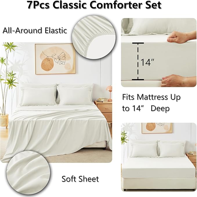 CozyLux Queen Comforter Set Ivory - Bed in a Bag Queen Size 7 Pieces, Luxury Soft Bed Set for All Seasons, Bedding Set with Down Alternative Comforter, Sheets, Pillowcases & Shams