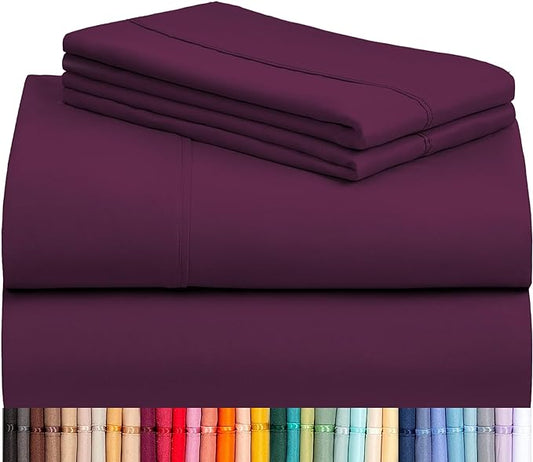 LuxClub 4 PC Full Sheet Set, Breathable Luxury Bed Sheets, Deep Pockets Wrinkle Free Cooling Bed Sheets Machine Washable Hotel Bedding Silky Soft - Eggplant Full