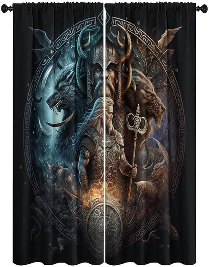 Cool Norse Viking Theme Curtains - Fantasy Ancient Symbols Wildlife Wolf Nordic Vikings Window Drapes,Energy Saving Thermal Insulated Rod Pocket Bedroom Blackout Curtains 2 Panels 84L x 26W
