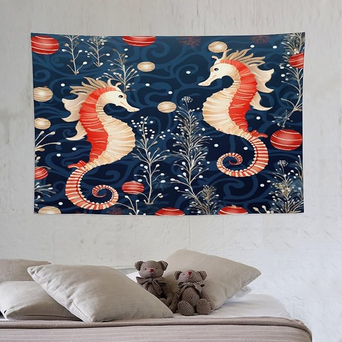 Seahorse Christmas Kiss Beach Tapestry As Wall Art Coastal Nautical Bedroom Tapestries Landscape Tapestry Wall Hanging for Bedroom Living Room Dorm Decor 40"x60" Christmas Family Party