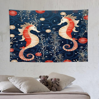 Seahorse Christmas Kiss Beach Tapestry As Wall Art Coastal Nautical Bedroom Tapestries Landscape Tapestry Wall Hanging for Bedroom Living Room Dorm Decor 40"x60" Christmas Family Party