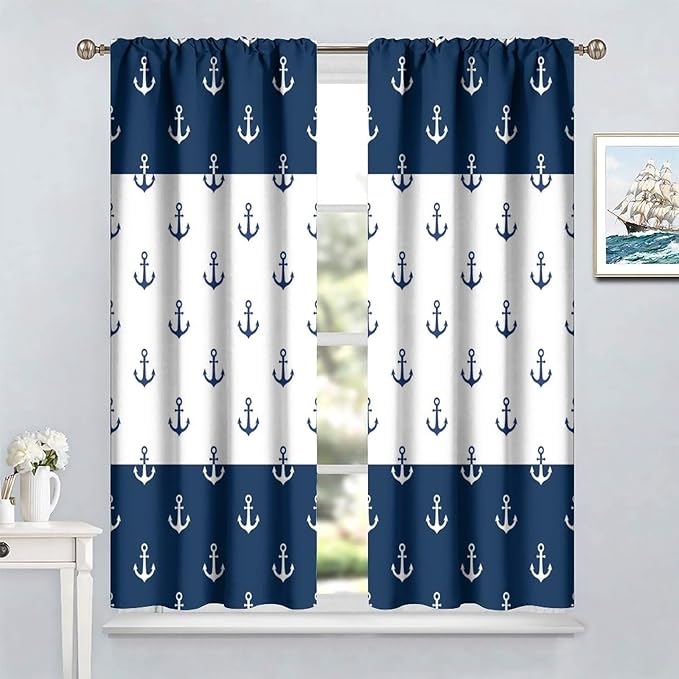 Anchor Pattern Curtains, Nautical Theme Navy Blue White Anchor Sea Life Adventure Print Blackout Window Treatments for Living Room Boys Men's Bedroom 63x63in
