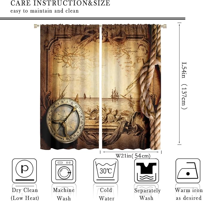 Pirate Map Curtains, Nautical Theme Old Ancient Treasure Map Secret Sea History Pattern Blackout Window Drapes for Kids Boys Bedroom Living Room 42x54 Inch