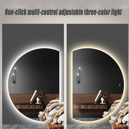 47" Half Moon LED Bathroom Mirror,Frameless Backlit Wall Mirror, Anti-Fog Smart Vanity Mirror,3 Colors Lights Dimmable Brightness and Time,Touch Switch(Left Semicircle,47 * 33in)