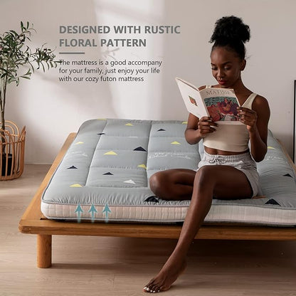 MAXYOYO Grey Triangle Futon Mattress, Japanese Floor Mattress Quilted Bed Mattress Topper, Extra Thick Folding Sleeping Pad Breathable Floor Lounger Guest Bed for Camping, Queen Size