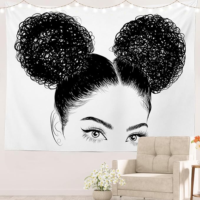 Batmerry Black American Afro Tapestry, White Graphic Woman Wall Art Hanging Decoration Polyester Fiber White Ruffled Around For Dorm Room Bedroom Living Room, 35 X 47 Inches