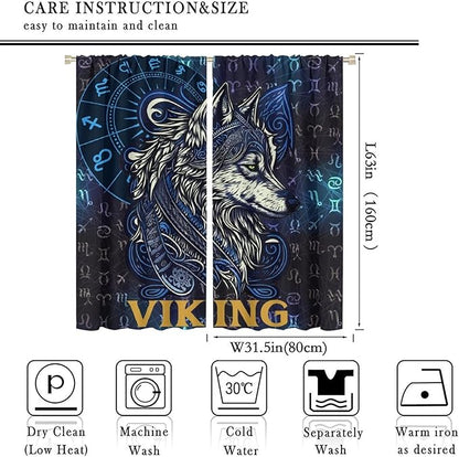 Viking Wolf Curtains Blue Rune Nordic Gothic Animal Curtains Dark Ancient Totem Mythological Pattern Printed Curtains Boys Bedroom Living Room Decoration Blackout Curtains W63 * L63 Inch