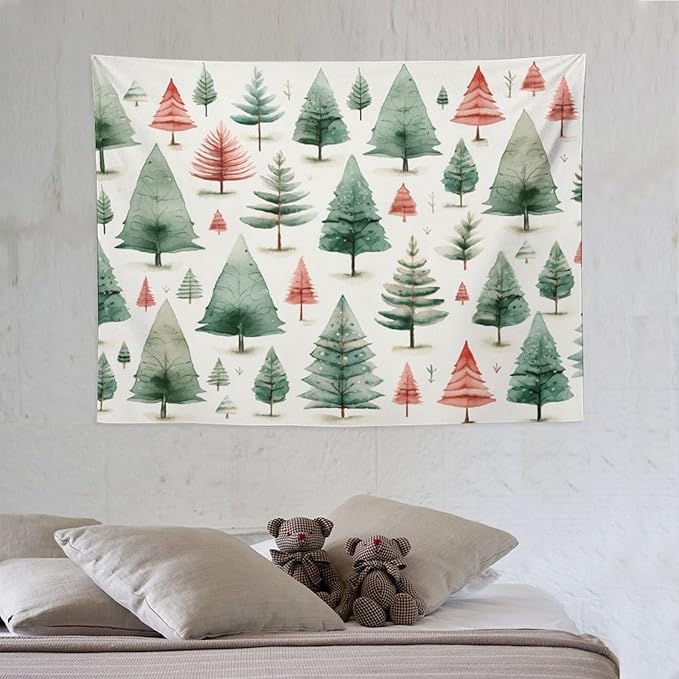 Vintage Christmas Tree Watercolor Tapestries Winter Christmas Wall Hanging Wall Tapestry Aesthetic Landscape Tapestry Wall Decor for Bedroom Living Room Dorm 30"x40" Christmas Family Party