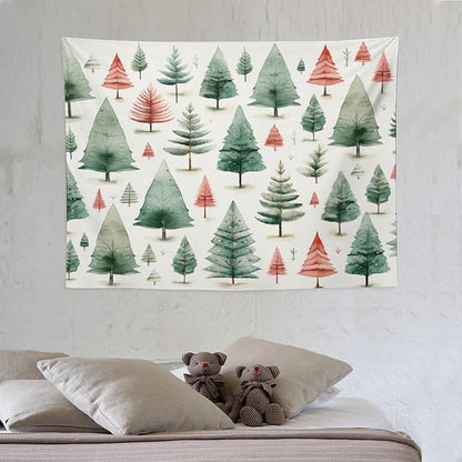 Vintage Christmas Tree Watercolor Tapestries Winter Christmas Wall Hanging Wall Tapestry Aesthetic Landscape Tapestry Wall Decor for Bedroom Living Room Dorm 30"x40" Christmas Family Party
