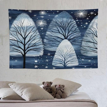 Trendy Blue Silver Glitter Tree Christmas Tapestries Happy Winter Holiday Aesthetic Bedroom Tapestries Landscape Tapestry Bedroom Wall Decor Living Room 60"x90" Tapestries Winter Snowflake Decorative