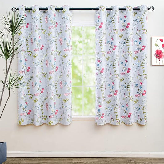 Linentalks Floral Bedroom Curtains, Farmhouse Thermal Insulated Blackout Curtains, 63 Inches Long, 2 Panels Set, Green Red Multi