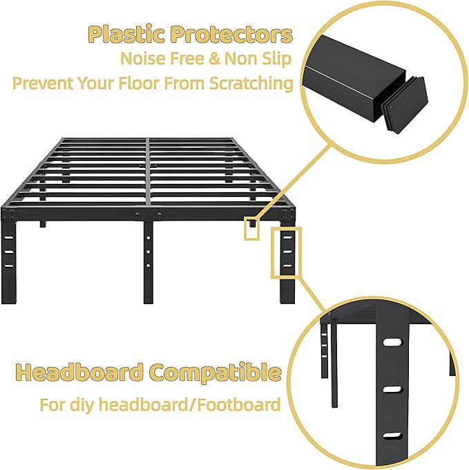 ALDRICH 18 Inch Metal Bed Frame Queen Size - Black Basic Steel Slats Platform, Easy Assembly Heavy Duty Noise Free Bedframes, No Box Spring Needed