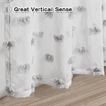 MYSKY HOME Pom Pom Sheer Curtains 2 Pack 37 x 84 in Long Grey Pom Pom Rod Pocket Voile Sheer Drapes for Bedroom, Living Room, Office