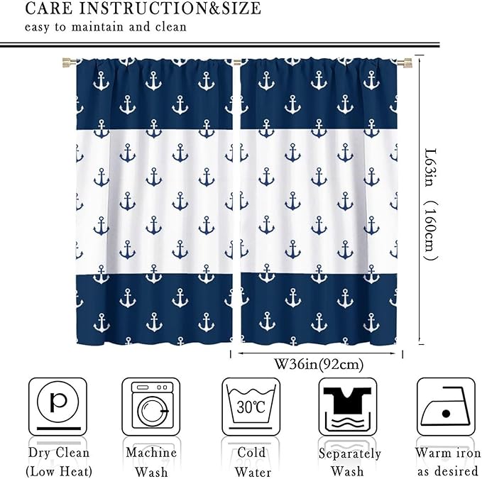 Anchor Pattern Curtains, Nautical Theme Navy Blue White Anchor Sea Life Adventure Print Blackout Window Treatments for Living Room Boys Men's Bedroom 72x63in