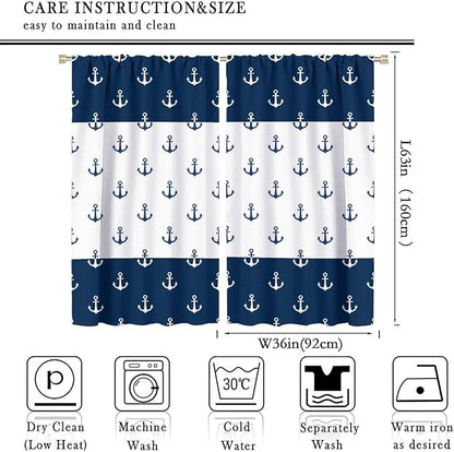 Anchor Pattern Curtains, Nautical Theme Navy Blue White Anchor Sea Life Adventure Print Blackout Window Treatments for Living Room Boys Men's Bedroom 72x63in