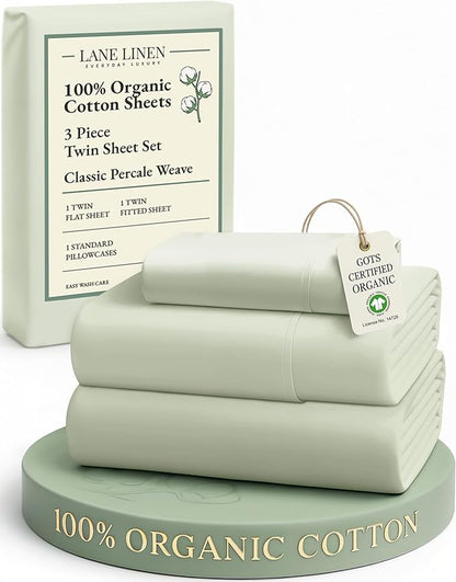 LANE LINEN 100% Organic Cotton Twin Sheets, Soft & Comfy Percale Weave Mercerized Fully Elasticized Reinforsed Seam Naturally Temperature Regulating Cotton Sheets Twin- Mineral
