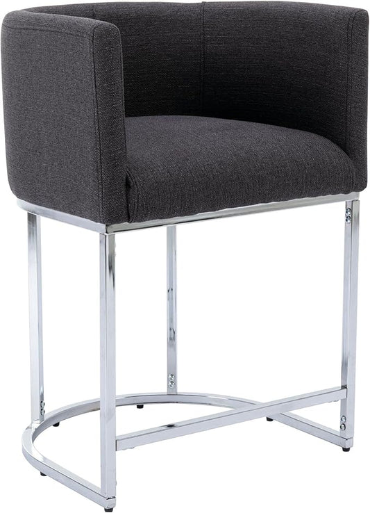 Modern Counter Height Linen Upholstered Bar Stool, 24" Kitchen Counter Island Stool Bar Chairs with Chrome Finish Metal Frame for Kitchen Island, Charcoal