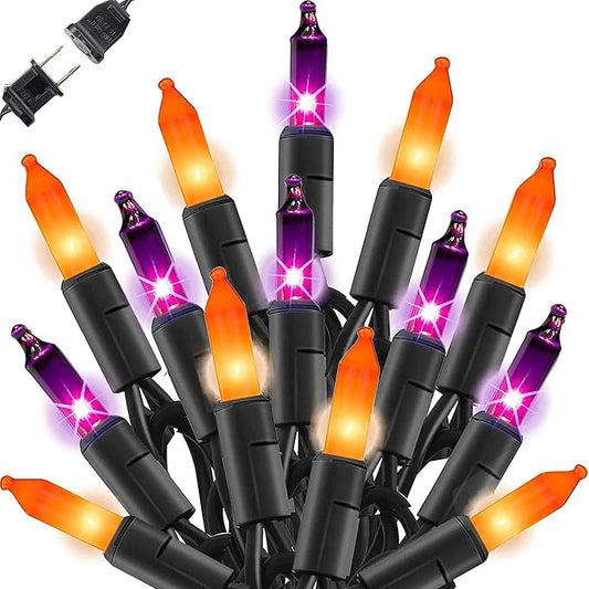 Dazzle Bright Purple and Orange Halloween Mini Lights, 20FT 100 Count Waterproof Incandescent Lights Plug in, Connectable Halloween Decorations for Indoor Outdoor Party Yard Decor