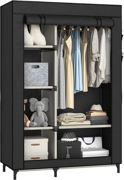 Buzowruil Canvas Wardrobe Portable Closet Wardrobe Clothes Storage with 6 Shelves and Hanging Rail,Non-Woven Fabric, Quick and Easy Assembly,Black
