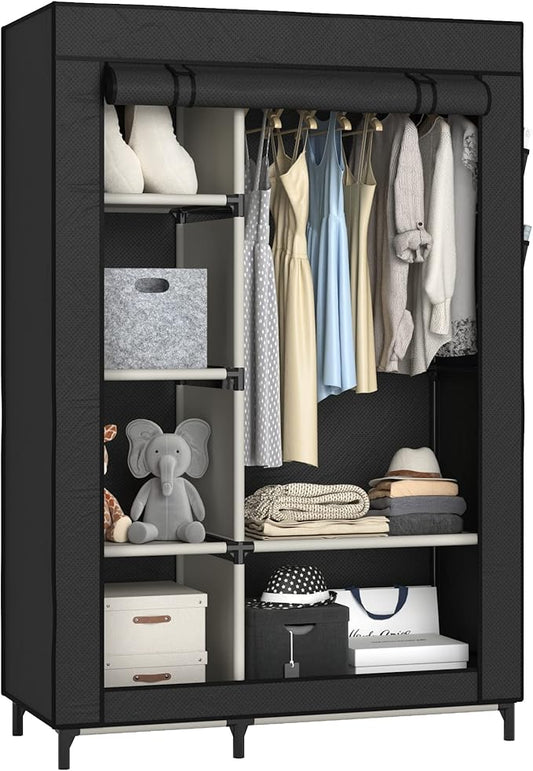 Buzowruil Canvas Wardrobe Portable Closet Wardrobe Clothes Storage with 6 Shelves and Hanging Rail,Non-Woven Fabric, Quick and Easy Assembly,Black
