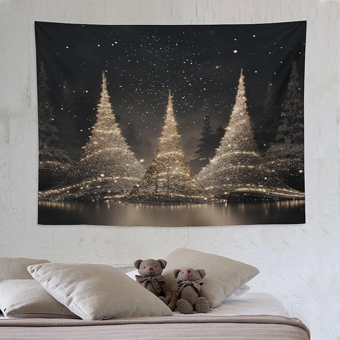 Tapestry Silver Lighted Christmas Trees Tapestries for Bedroom Winter Holiday Wall Tapestry Wall Hanging for Bedroom Living Room Dorm Decor Landscape 60"x80" Tapestries Winter Snowflake Decorative