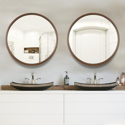 WallBeyond Circle Mirror with Wood Frame, 28" Round Modern Decoration Large Home Decor Mirror for Bathroom Living Room Bedroom Entryway (28" Diameter, Walnut)