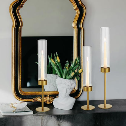 Glass Hurricane Candle Holders Set (18pcs)-Gold Metal Base Taper Candle Stick Holders for Candlesticks Holder Decor, Elegant Dining Table Centerpiece for Wedding, Christmas & Home Decor-Ribbed Glass