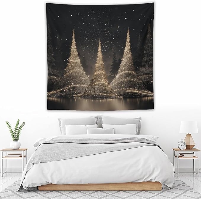 MaSiledy Wall Tapestry Silver Lighted Christmas Trees Tapestry Christmas Holiday Vintage Aesthetic Tapestry Wall Hanging Wall Hanging Decor Tapestry for Bedroom Aesthetic Alt Room 60"x60"