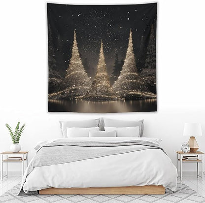 MaSiledy Wall Tapestry Silver Lighted Christmas Trees Tapestry Christmas Holiday Vintage Aesthetic Tapestry Wall Hanging Wall Hanging Decor Tapestry for Bedroom Aesthetic Alt Room 60"x60"