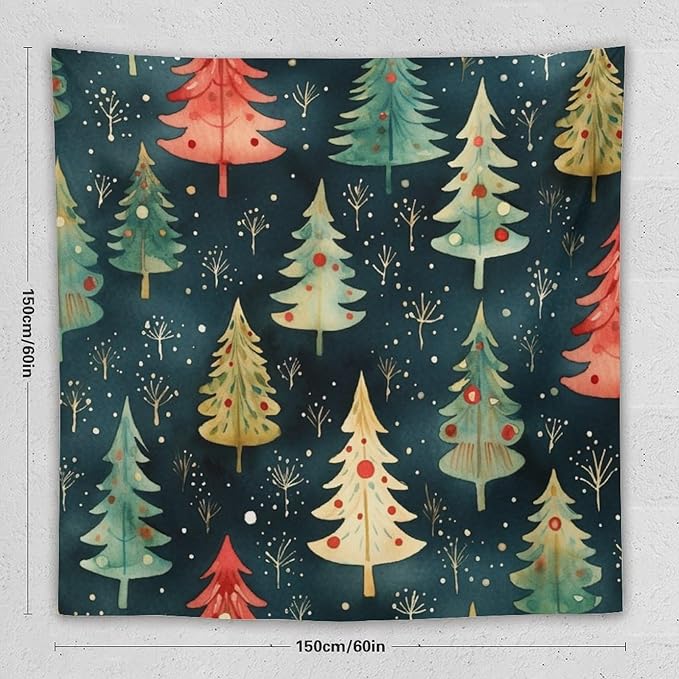 Tapestry Wall Hanging Vintage Christmas Tree Watercolor Tapestry Christmas Holiday Tapestry Aesthetic Wall Art Decor for Bedroom Living Room Dorm 60"x60" Tapestries Winter Snowflake Decorative